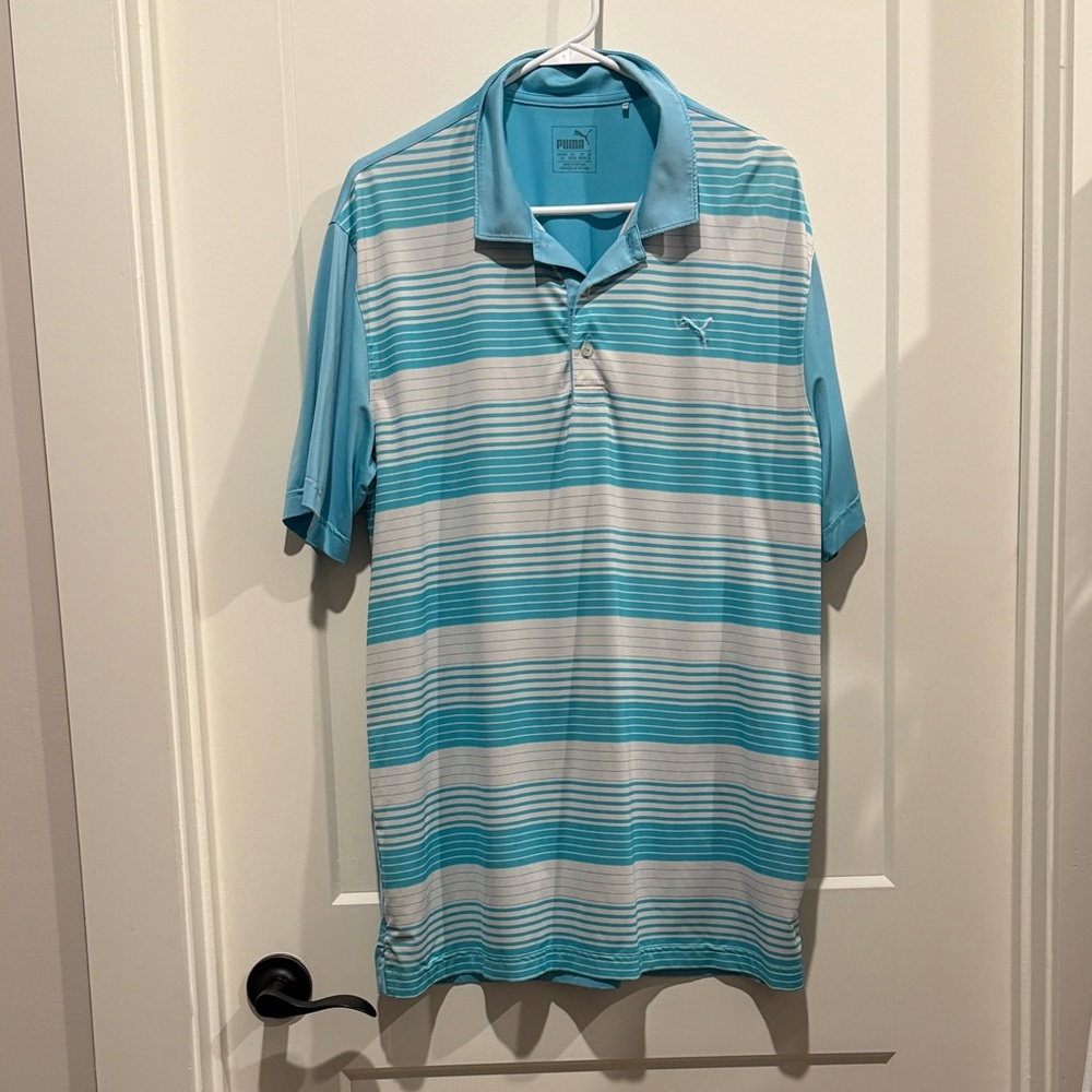 Puma Men's Aqua and White Striped Polo Shirt